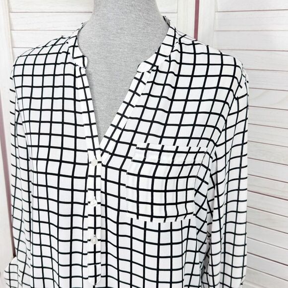 Worthington Windowpane Check Chiffon V Neck Blouse White Black Medium - Picture 5 of 11